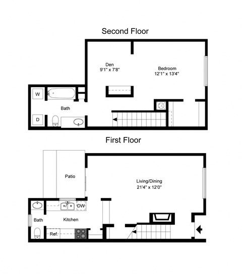 Floor plan for 1 bed, 1.5 baths, 1012 sqft